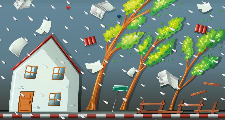 Representation of a storm affecting a home and the immediate surroundings